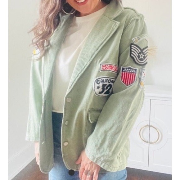 Vici Jacket Blazer M Green Military Aviator Patches Oversized Raw Edges Open - Picture 10 of 11